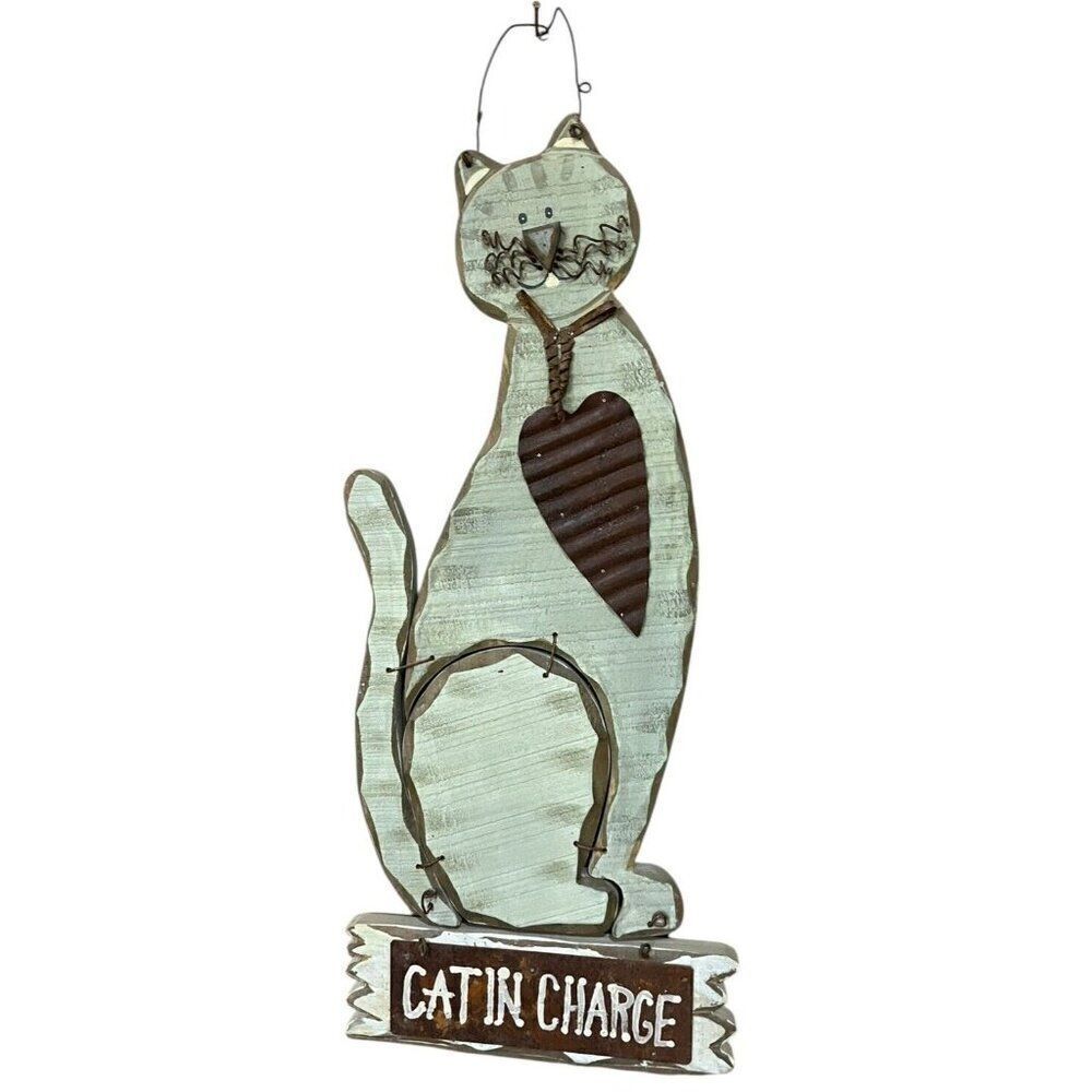 Wood Kitty Cat Sign Hanging Metal Heart CAT IN CHARGE Light Green 19 In Wall Art